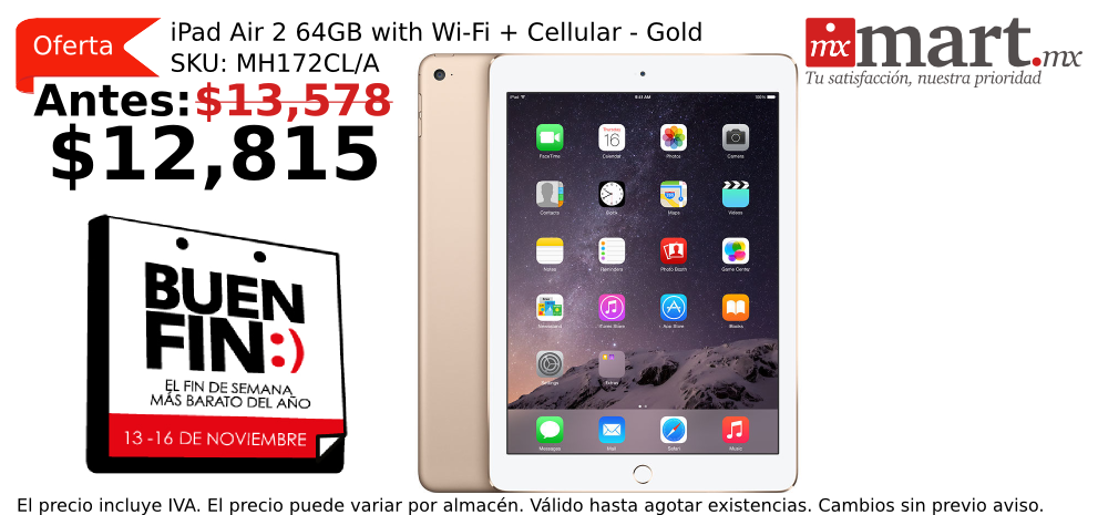 mxmartmx's tweet photo. #Ofertas #BuenFin #Apple #iPad Air 2 64GB WiFiGold SKU MH172CL/A de 13578 a 12815 https://t.co/es9FzrxcWa solo 5pz https://t.co/D1pNnGGDQt