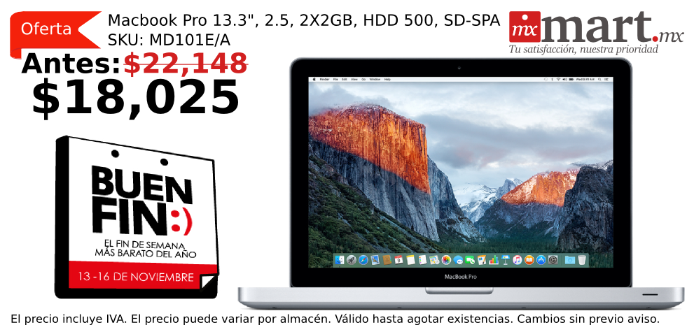 mxmartmx's tweet photo. #Ofertas #BuenFin en #MxmartMX, #Apple #MacBookPro 13.3", SKU: MJVP2E/A de $22,148 a $18,025 https://t.co/9ZAlmA64vb https://t.co/lOdnVIscGa