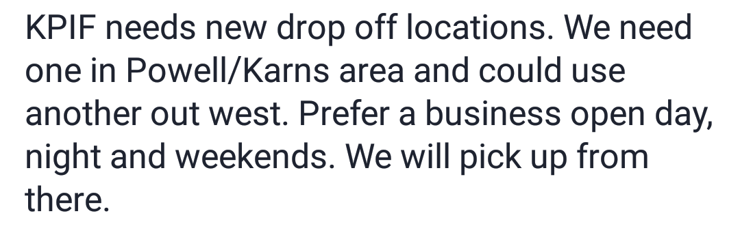 KnoxvillePIF's tweet photo. Looking for some businesses who have space to be a drop off location for small donations.  Can you help? #KPIF https://t.co/SOw541aShg