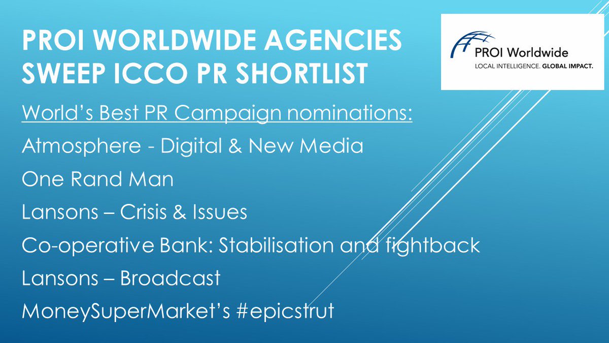 #PROI agencies <a href="/atmospherecomms/">Atmosphere Comms</a> <a href="/LansonsLatest/">Lansons | Team Farner</a> nominated <a href="/ICCOpr/">ICCOpr</a> #bestofthebest
#prcampaign Congratulations!