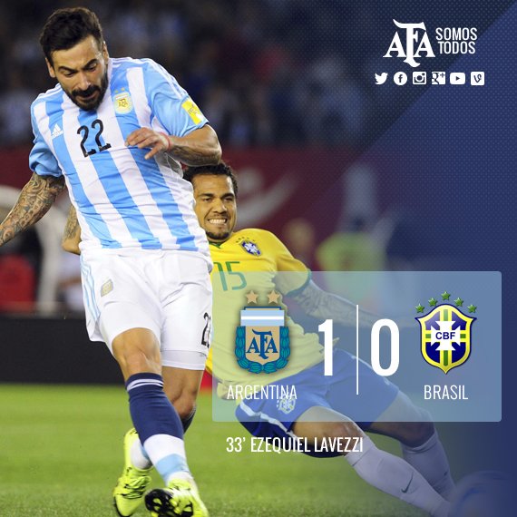 Argentina's tweet photo. #Eliminatorias ¡Final del primer tiempo! Con gol de @PochoLavezzi, #Argentina gana 1-0 https://t.co/v8e98p7hwS https://t.co/OKkR4C3sQM