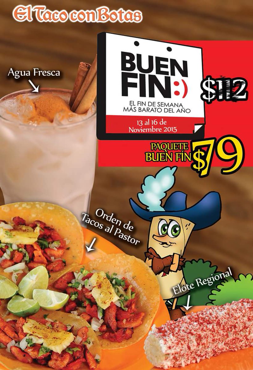 Eltacoconbotas's tweet photo. Amigos, los esperamos en #Eltacoconbotas. Ven y disfruta de un #BuenFín en cualquiera de nuestras sucursales!! https://t.co/OV0pJVR4bY
