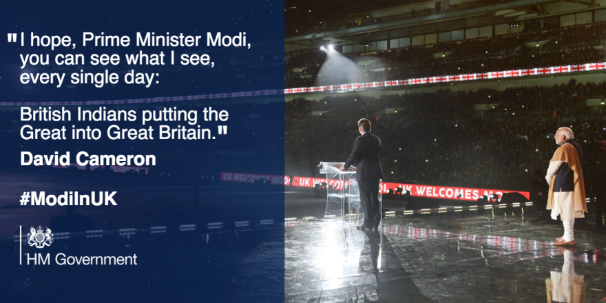10DowningStreet's tweet photo. David Cameron @wembleystadium celebrating British Indians #ModiAtWembley https://t.co/2QGqTBOSNg