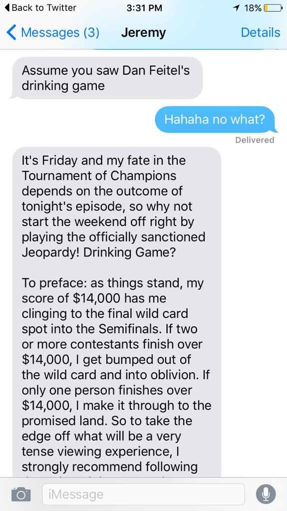 whoisalexjacob's tweet photo. UH OH It's a #Jeopardy drinking game guys things could get sloppy #ToC2015 h/t @Dan_Feitel https://t.co/1evJWdx3Xy