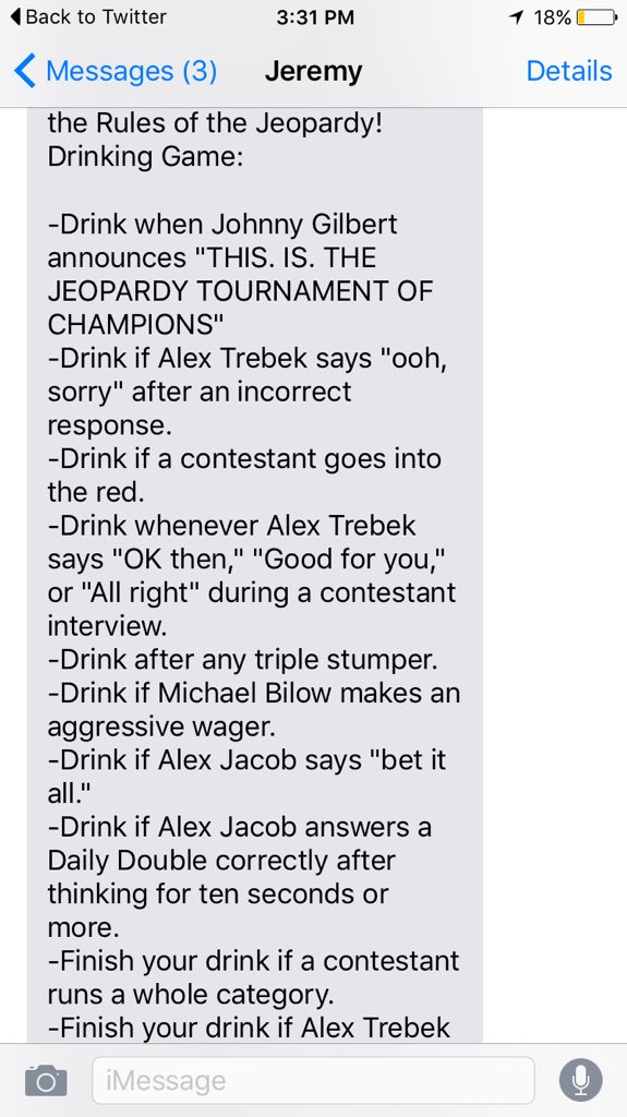 whoisalexjacob's tweet photo. UH OH It's a #Jeopardy drinking game guys things could get sloppy #ToC2015 h/t @Dan_Feitel https://t.co/1evJWdx3Xy