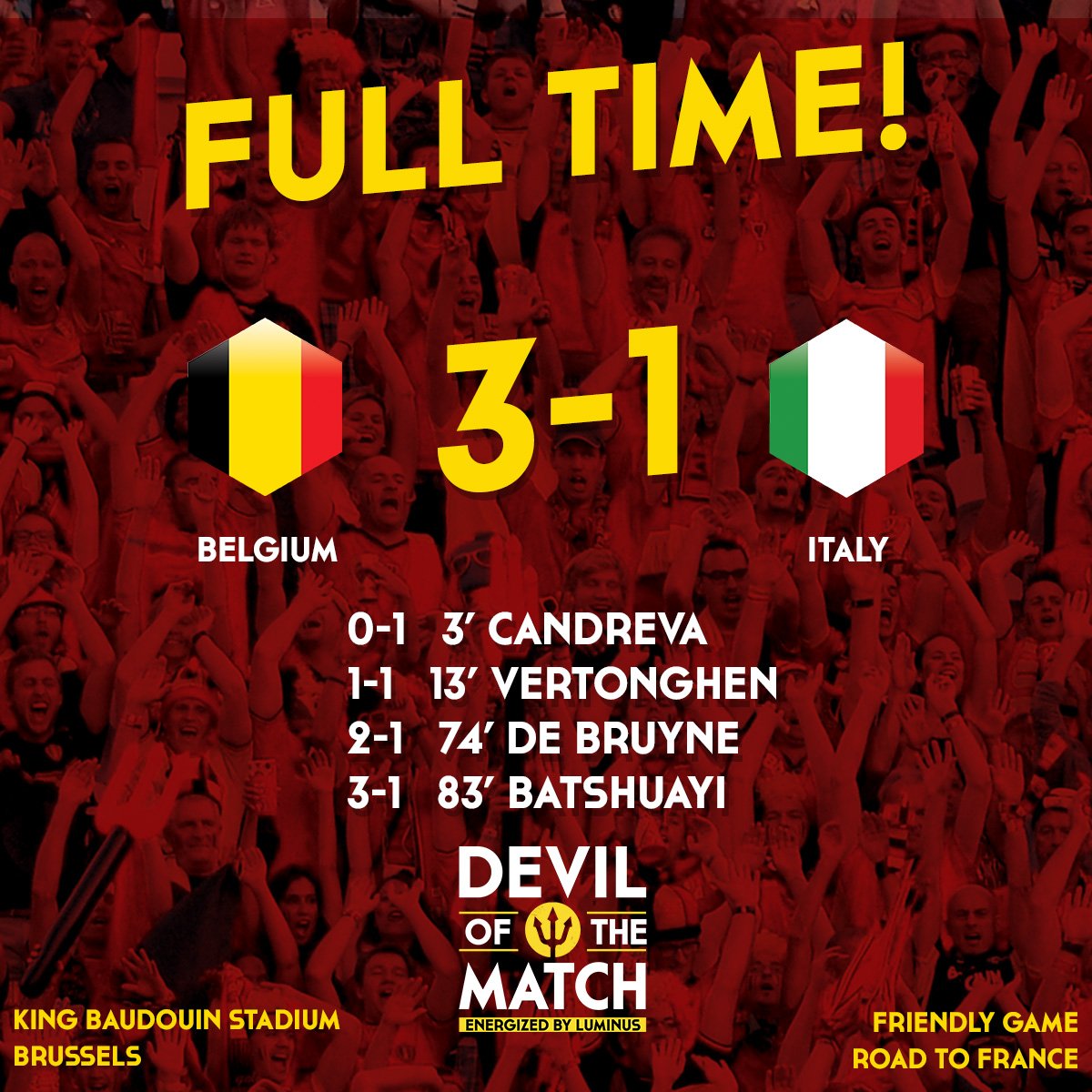 BelRedDevils's tweet photo. Full time! Belgium – Italy: 3 – 1 #belita #tousenfrance https://t.co/Ot6cwtpbwj
