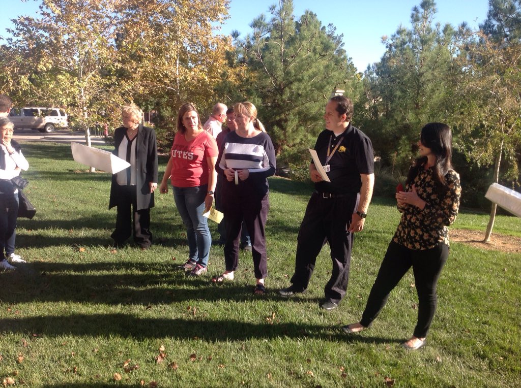 MathDavidUtah's tweet photo. #UTSTEMPA Debrief outside. How to integrate math, design, science. Used digital thermometers. @UTPublicEd https://t.co/UsOve0JMN8