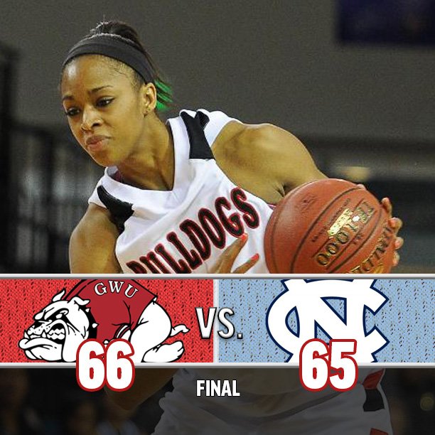 GWU_WBK's tweet photo. Huge win for the #RunninBulldogs, upsetting #20 North Carolina, 66-65. Candace Brown with the game-winner. https://t.co/3VP4vwBvOb