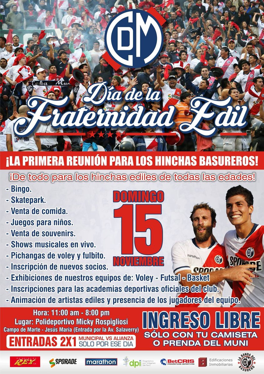 DelBasurero's tweet photo. Toda la hinchada está cordialmente invitada este domingo!
INGRESO LIBRE! (con camiseta o prenda del Muni)
#EchaMuni https://t.co/2LGbJVFGt4