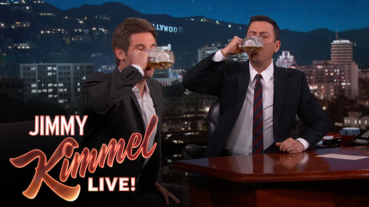 Happy Birthday American TV host Jimmy Kimmel (Nov. 13, 1967- ) downing a mug of beer on his show w/guest Adam Devine 