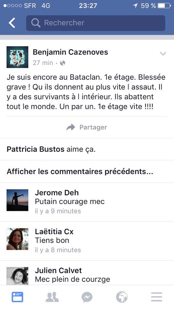 Un herido grave dentro de #Bataclan contando que les están matando uno a uno y pidiendo que la policía entre rápido