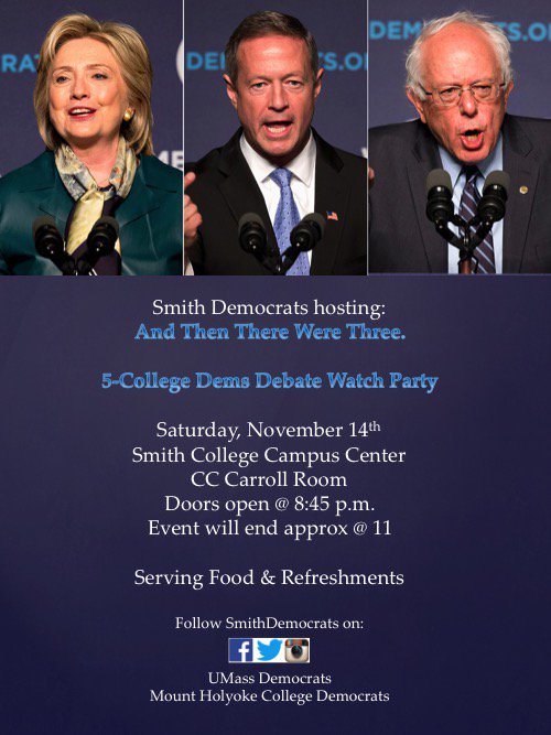 SmithDemocrats's tweet image. Watch the CBS Democratic Debate hosted by Smith Democrats, @UmassDems and @MHCDemocrats. Sat. @ 8:45 CC Carroll Room