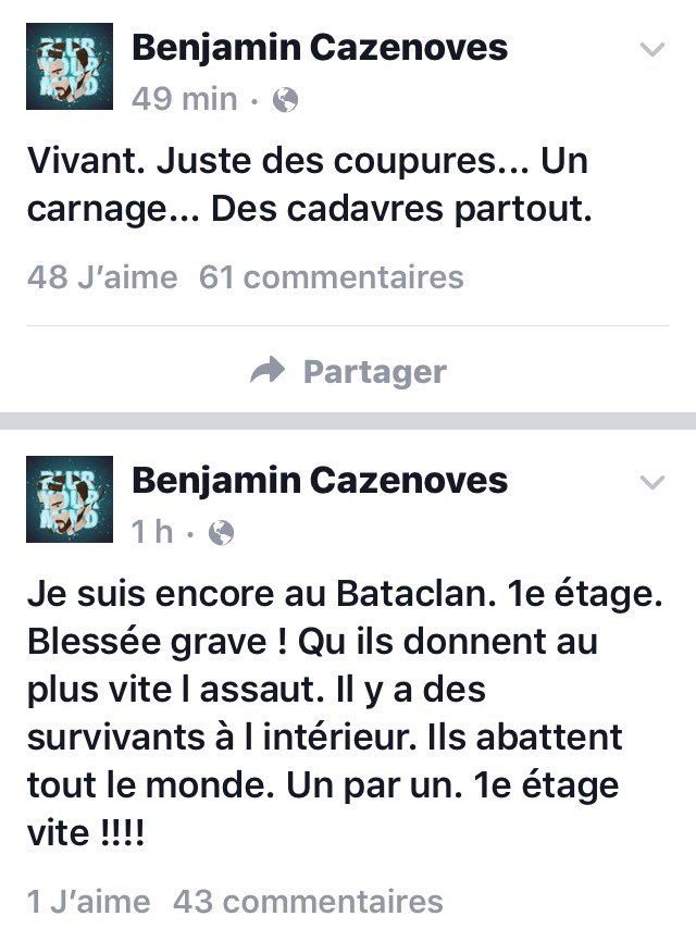 DenisTherriault's tweet image. #Fusillades • Message Facebook de Benjamin Cazenoves qui se dit à l'intérieur du #Bataclan
