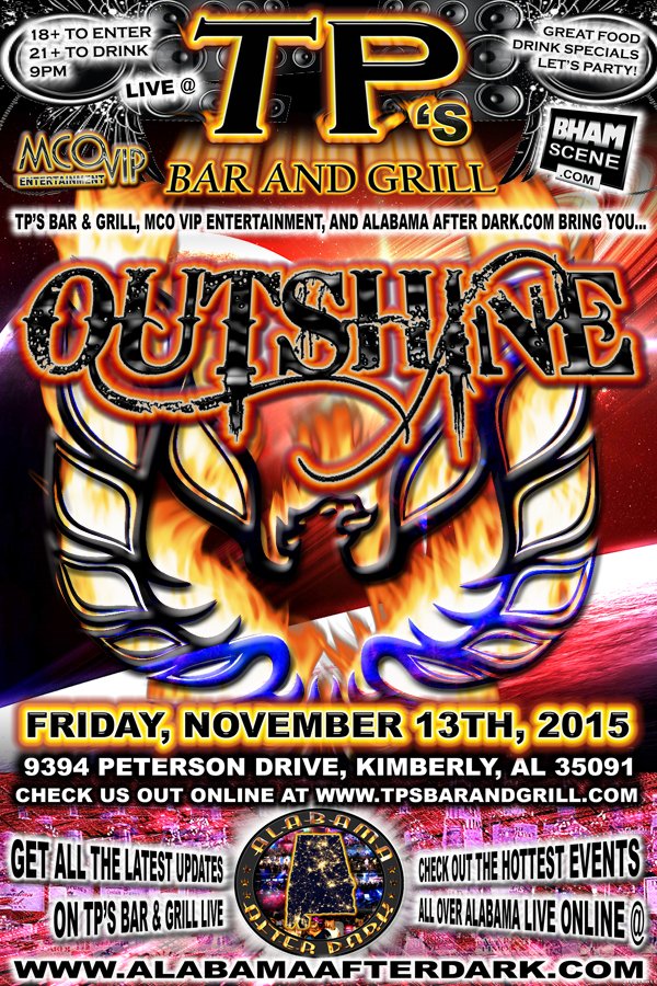 TPsbargrill's tweet photo. Hey #bham #Alabama Ready to #party? Rock N Roll #tonight with Outshine live at TP's! 18+
#livemusic #MusicBham https://t.co/PiTlHuMZ0R