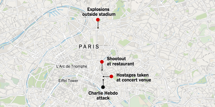 nytgraphics's tweet photo. What we know about the #ParisAttacks at each location. https://t.co/ePLkxSrBj7 https://t.co/TlgLIOt2mL