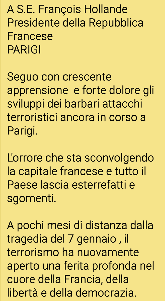 Quirinale's tweet photo. MESSAGGIO DEL PRESIDENTE #MATTARELLA AL PRESIDENTE #HOLLANDE  su attacchi terroristici #Parigi https://t.co/ZQfm1jvgnI