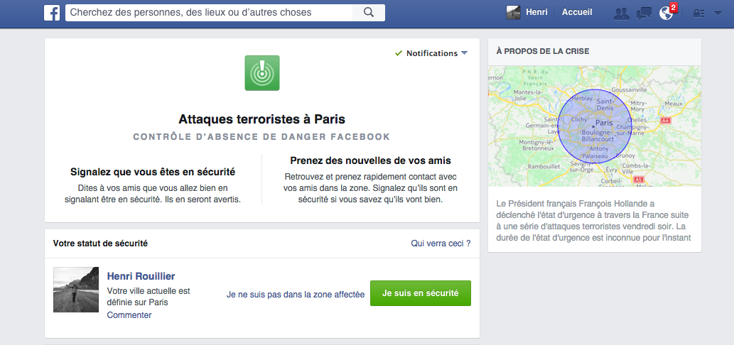 HenriRouillier's tweet photo. Facebook propose à ses utilisateurs parisiens de signaler qu'ils sont en sécurité. https://t.co/Se7OcVTPcP