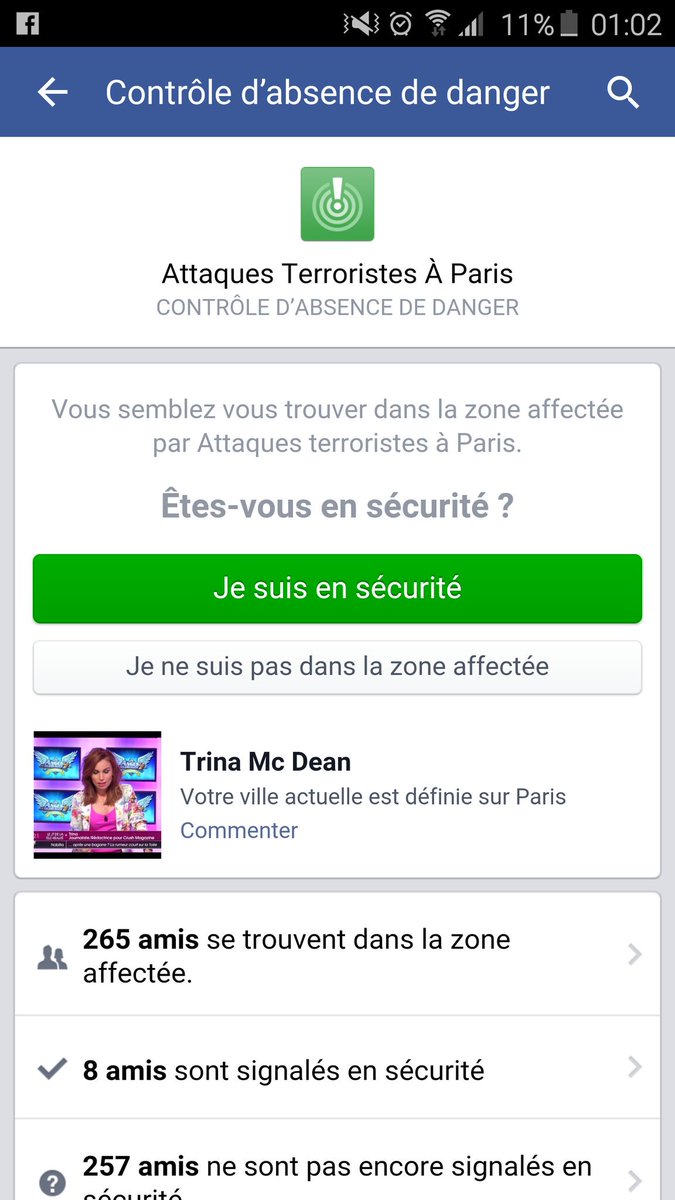 Trinaofficiel's tweet photo. Je voudrais saluer l'initiative de #facebook de "contrôle d'absence de danger".Extraordinaire.Respect. #fusillade https://t.co/QVPSvXLVRn