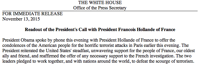 ObamaWhiteHouse's tweet photo. Readout of President Obama's Call with President Hollande of France: https://t.co/6tn4vXX39e