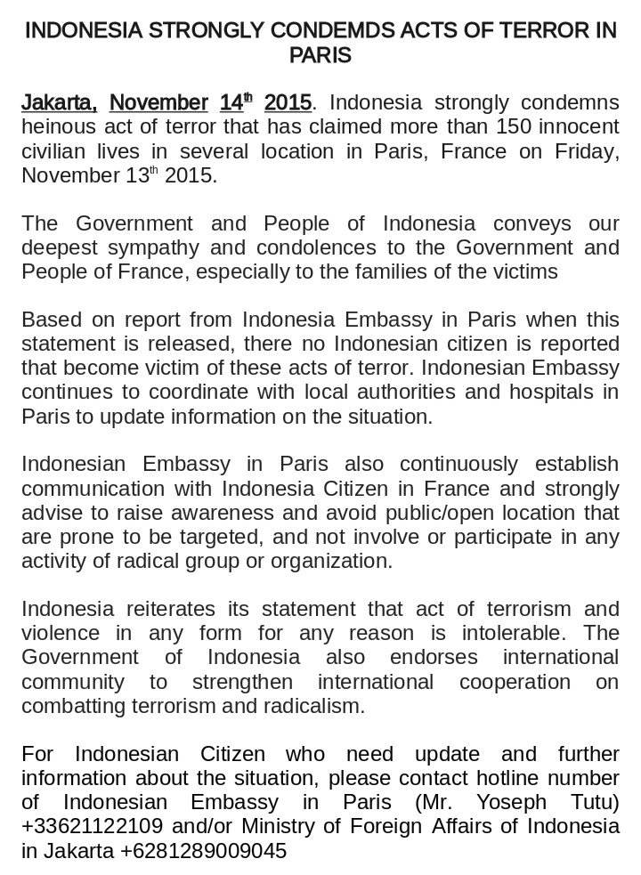 Indonesia's Official Statement regarding #ParisAttacks (13/11/15) #PrayForParis #SeranganParis