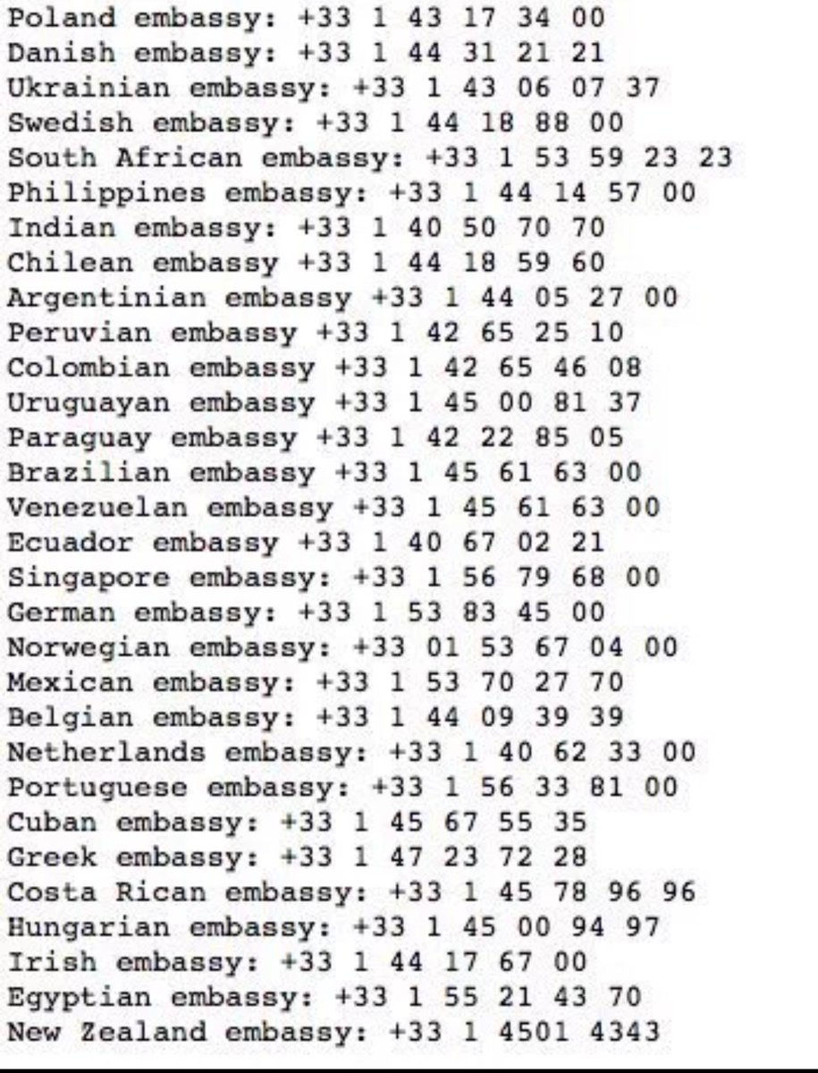 Art4anyone's tweet photo. Please RT let us help anyone in need #embassynumbers #parisattacks #prayforparis #PorteOuverte https://t.co/XzUodiOJBV