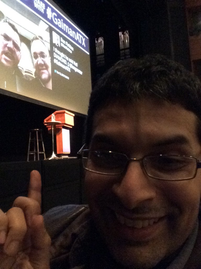 Zarfdog's tweet photo. Up front for @neilhimself at the Long Center! I want to be Neil Gaiman when I grow up. #GaimanATX https://t.co/7FdSOAxQk6