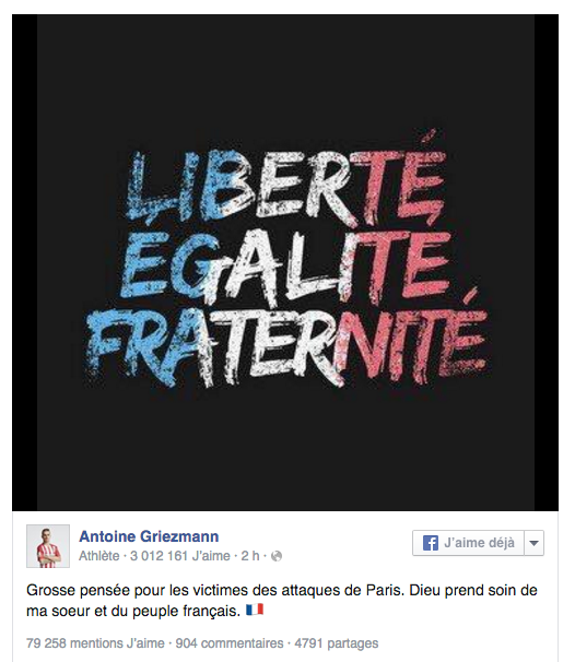 world_foot_'s tweet photo. Message de Griezmann sur Facebook #JeSuisParis https://t.co/EQt9Uhxnti