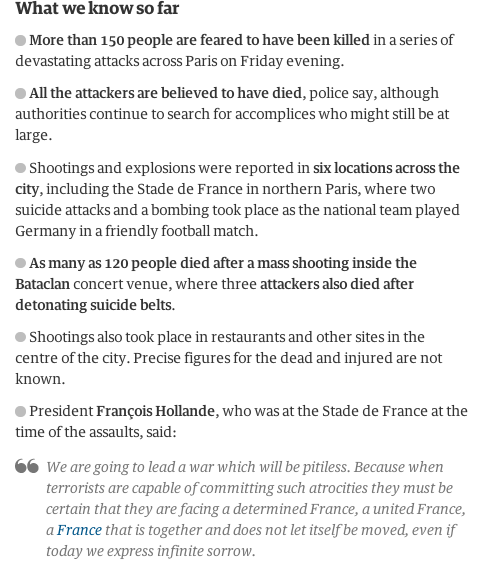 Claire_Phipps's tweet photo. #ParisAttacks: what we know so far https://t.co/HPZTxPSHR6 https://t.co/0zy5Uw1QL7