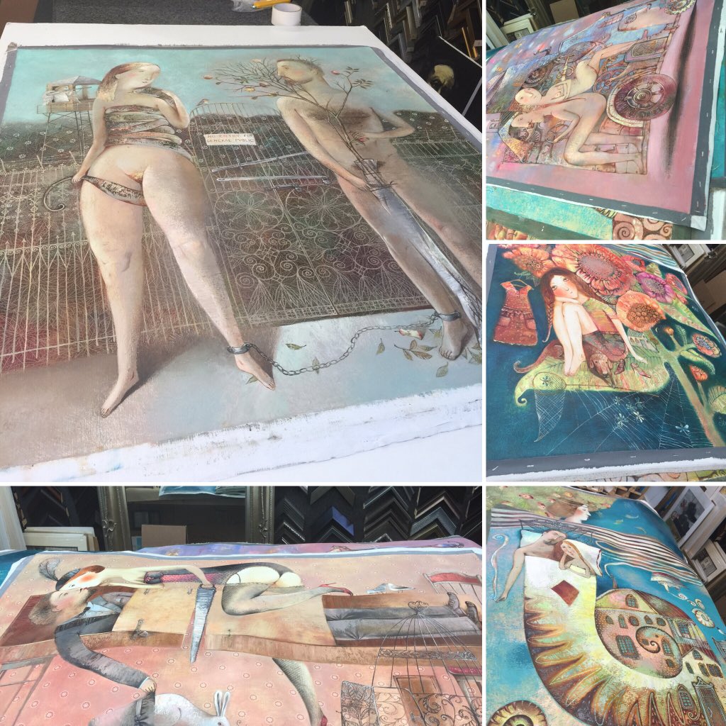 ThinkfeelArt's tweet photo. #annasilivonchik paintings getting ready to be stretched #spectrummiami2015 #thinkfeelcontemporary - booth 618. https://t.co/g0f5aaWyE7