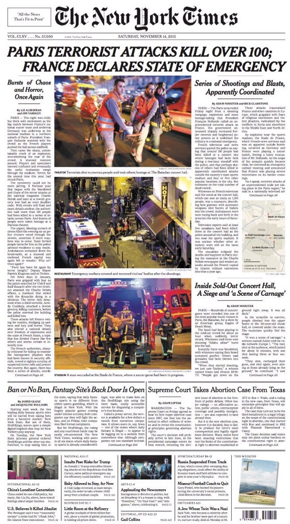 The front page of The New York Times for Saturday, Nov. 14.