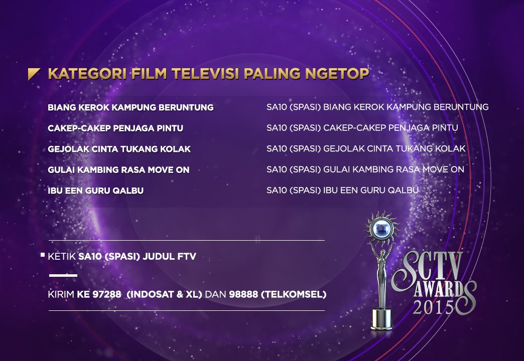 Dukung nominasi "FILM TELEVISI PALING NGETOP" SMS ketik SA10 spasi (NAMA FTV) ke 97288/98888. #MenujuSCTVAwards