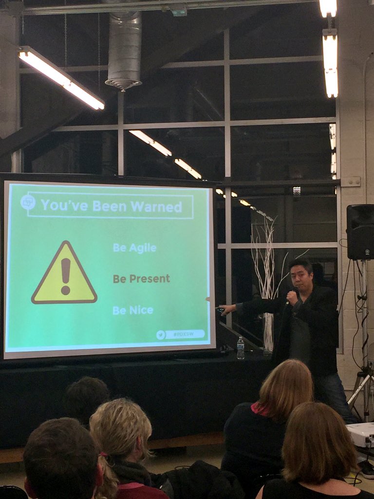PDXSW's tweet photo. Rules for the weekend! 
1. Be agile 
2. Be present 
3. Be nice 
- @LeePNgo 
#PDXSW #GSB2015 https://t.co/4wMW8kJyqA