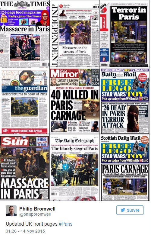 Le_Figaro's tweet photo. 📰 Les unes des journaux étrangers https://t.co/fTS4o8BS8J #ParisAttacks https://t.co/fr8aDF66fF