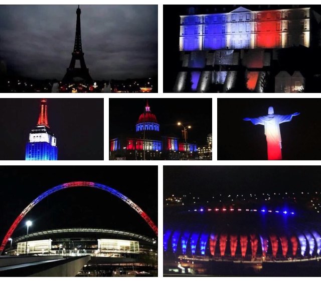 kevyn_with_y's tweet photo. Paris turned out the lights as a sign of mourning, but the rest of the world lit them again. #Prayers4Paris https://t.co/17jqRhGh2r