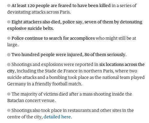 Claire_Phipps's tweet photo. #ParisAttacks: a summary of what we know so far https://t.co/uIcuwYBAOl https://t.co/wOAIi7kgcA