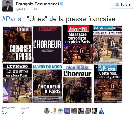 sudouest's tweet photo. "Horreur", "Massacre" à Paris : les unes des journaux en France et dans le monde https://t.co/4DWrUHQ9sa https://t.co/irX7JpODrn