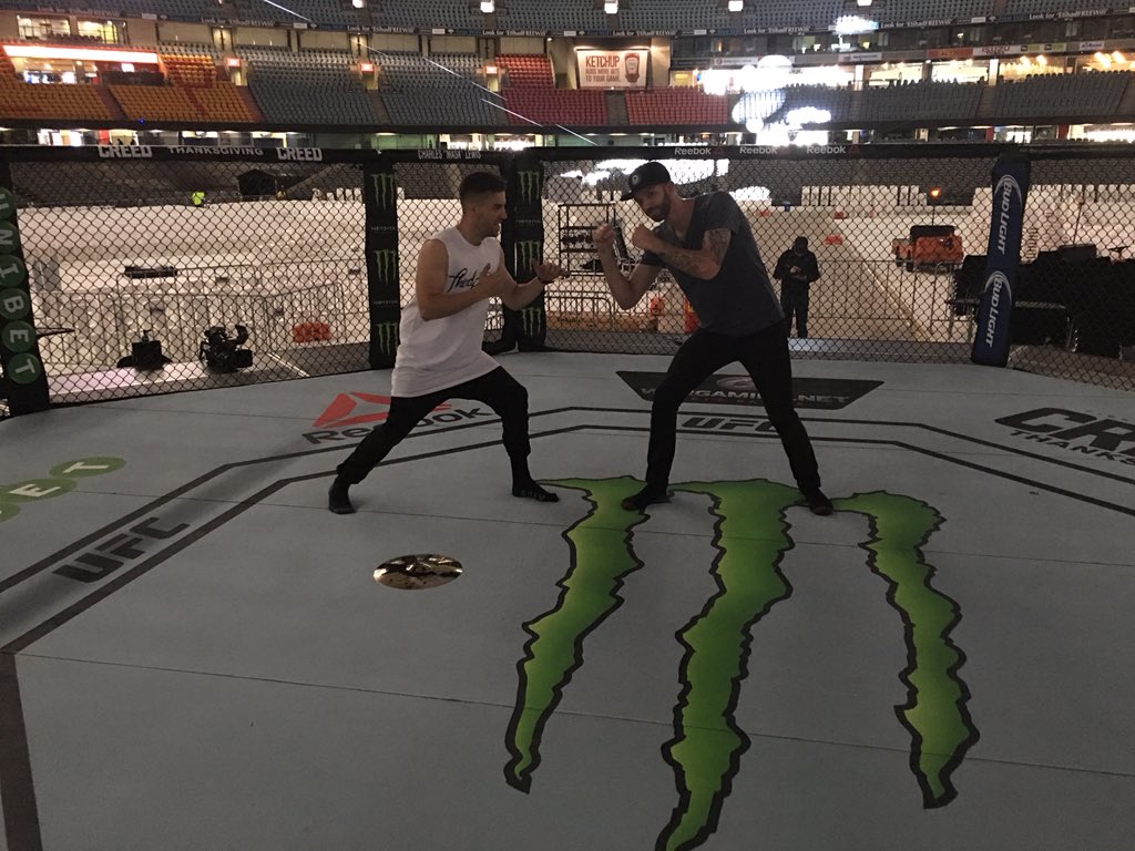 Was hoping to run into @TheDolceDiet today at Etihad and ended up in the cage with @dankerbydrummer haha. #UFC193