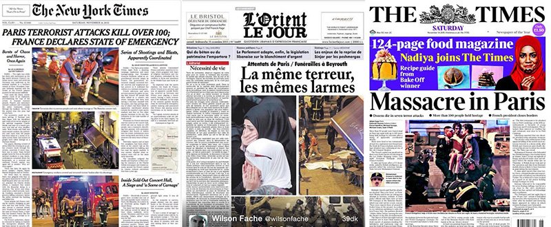 ilpost's tweet photo. Le prime pagine internazionali sulla strage di Parigi https://t.co/DyNgyB5up3 https://t.co/ufGPeiS2jg