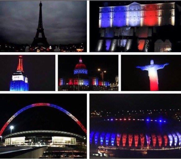 PatelDevansh's tweet photo. There is light at the end of the tunnel. While France goes dark, the World lights up in support. #ParisAttacks https://t.co/CkkTqHWA18