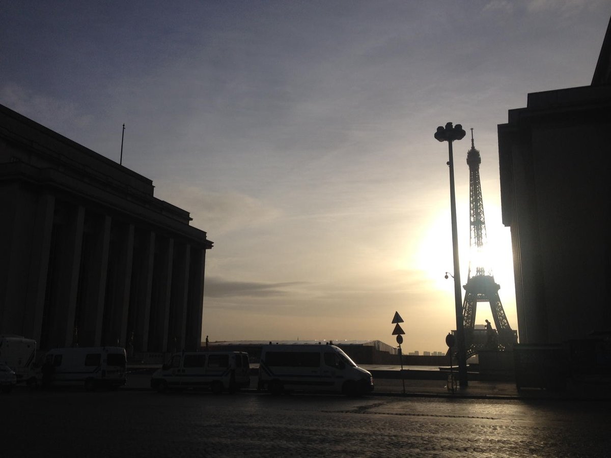 The Eiffel tower on a Saturday morning. Bakeries are open, trash taken away. City lives on. #jesuisParis