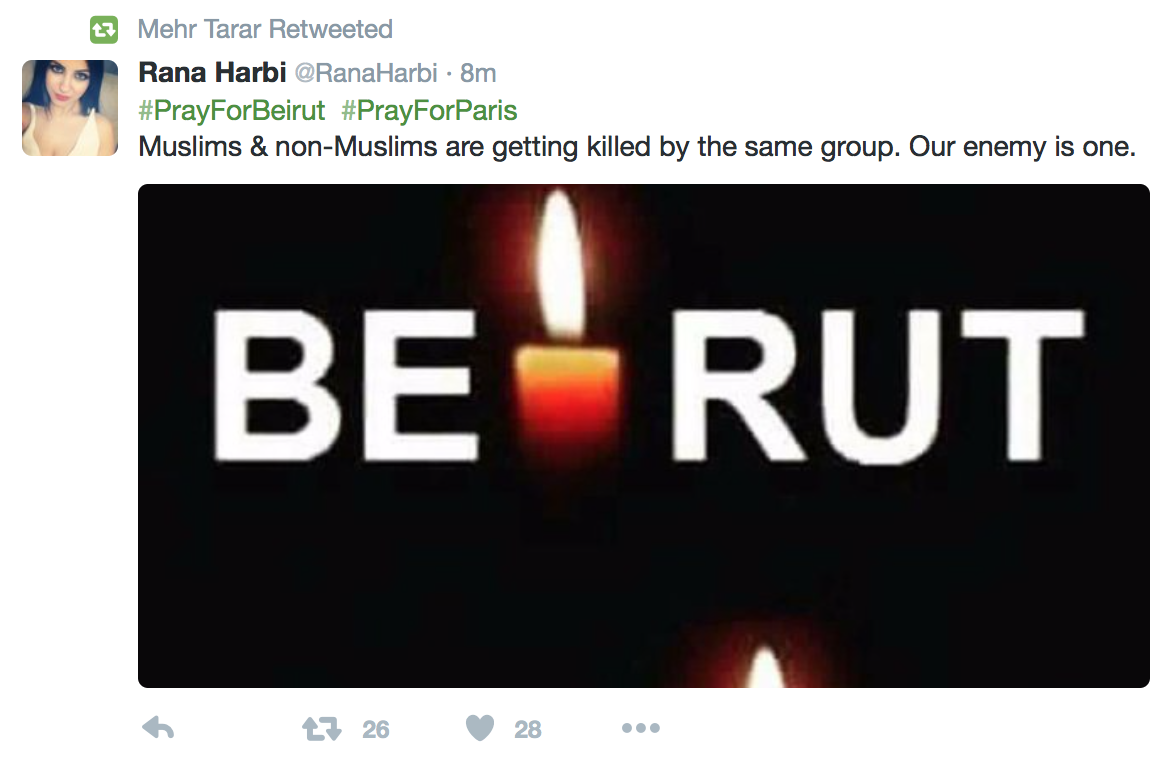 sankrant's tweet photo. Three different responses to the #ParisAttack. Spot the Islamist.  @MehrTarar @RanaAyyub  @QueenRania https://t.co/1eWRni02GA