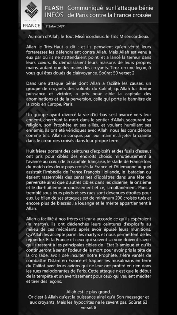 BasileMch's tweet photo. Le communiqué en français de #Daech, qui visait "les idolâtres dans une fête de perversité" #ParisAttacks #Bataclan https://t.co/xcwfdoEwTn