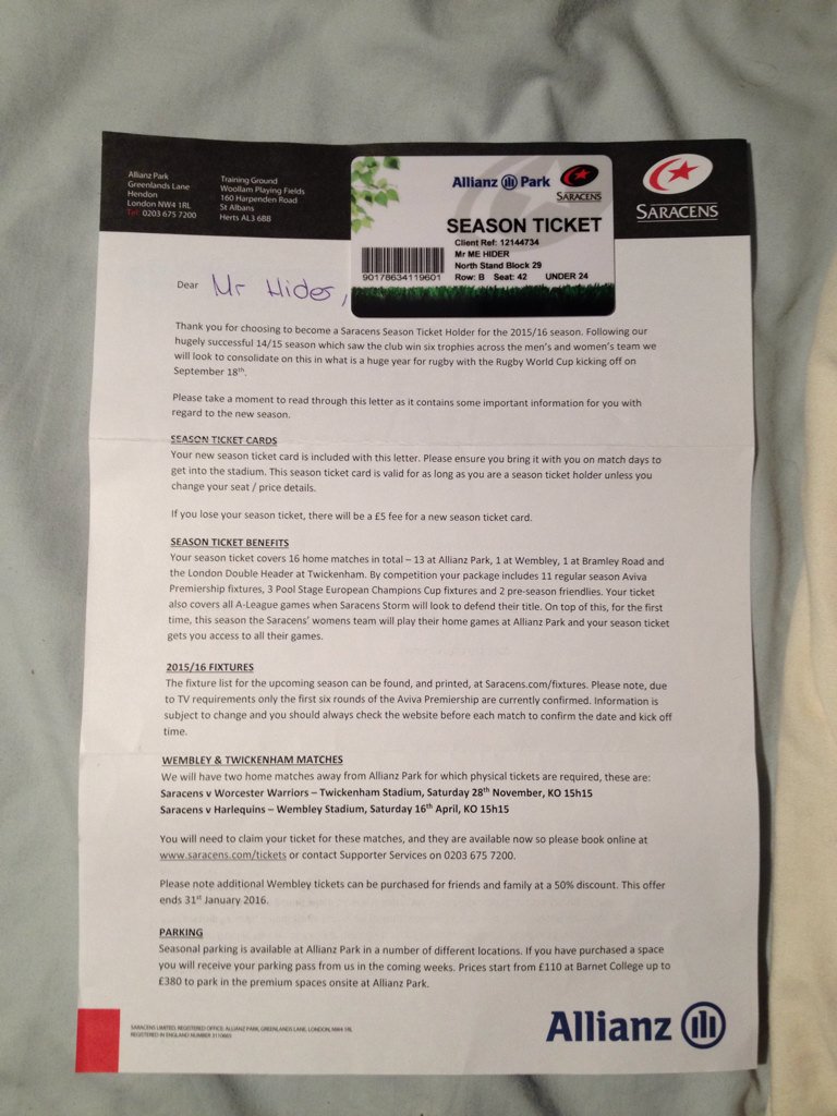 Yes got my <a href="/Saracens/">Saracens Rugby Club</a> season ticket looking forward to spending the <a href="/premrugby/">PREM Rugby</a> <a href="/ChampionsCup/">Investec Champions Cup</a> season at <a href="/AllianzPark/">allianze parque</a>
