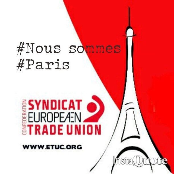 .<a href="/CCOO/">Comisiones Obreras</a>  y @UGT_comunica lunes, 16 N 12:00 h
Cinco minutos de silencio puertas centros de trabajo #TodosSomosParis