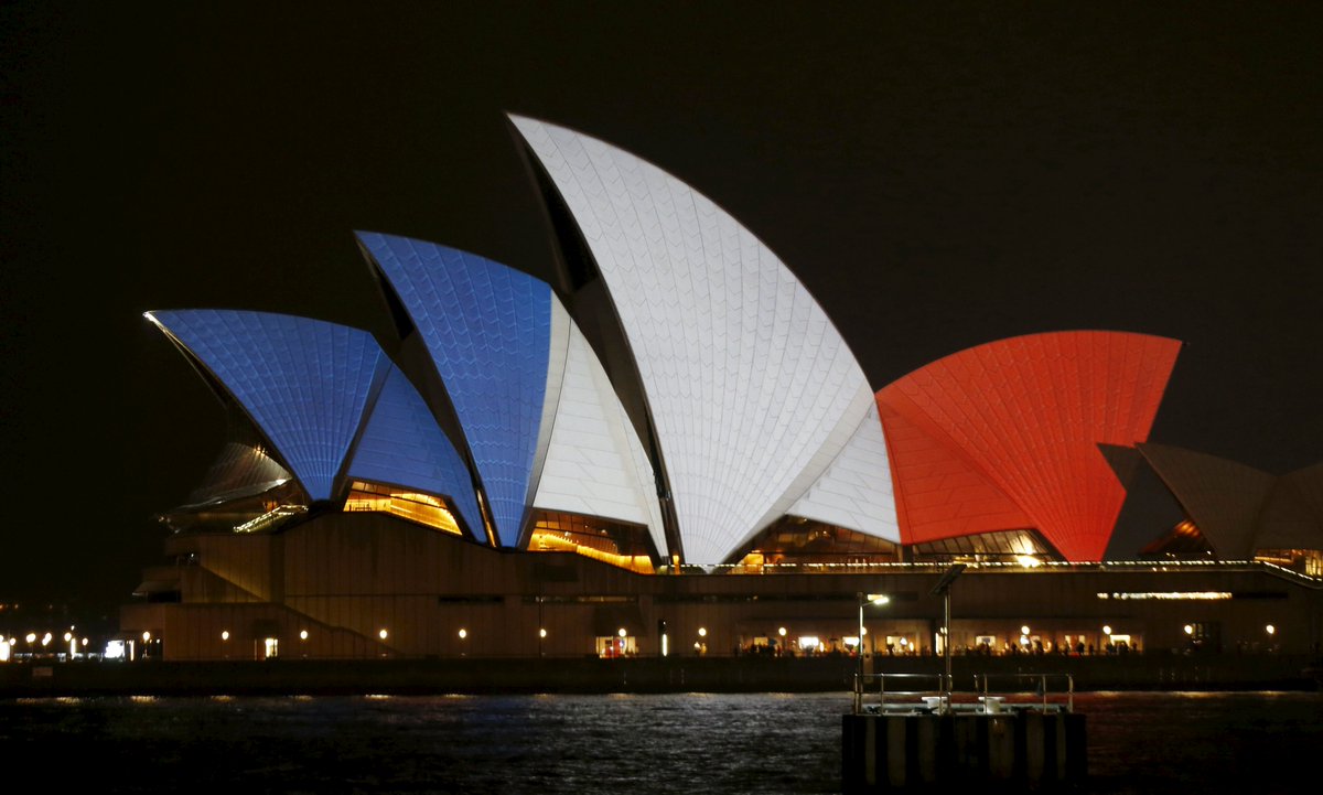 Paris: Landmarks across the world have been lit up in blue, white and red in support. " CTxFyObWcAELMri