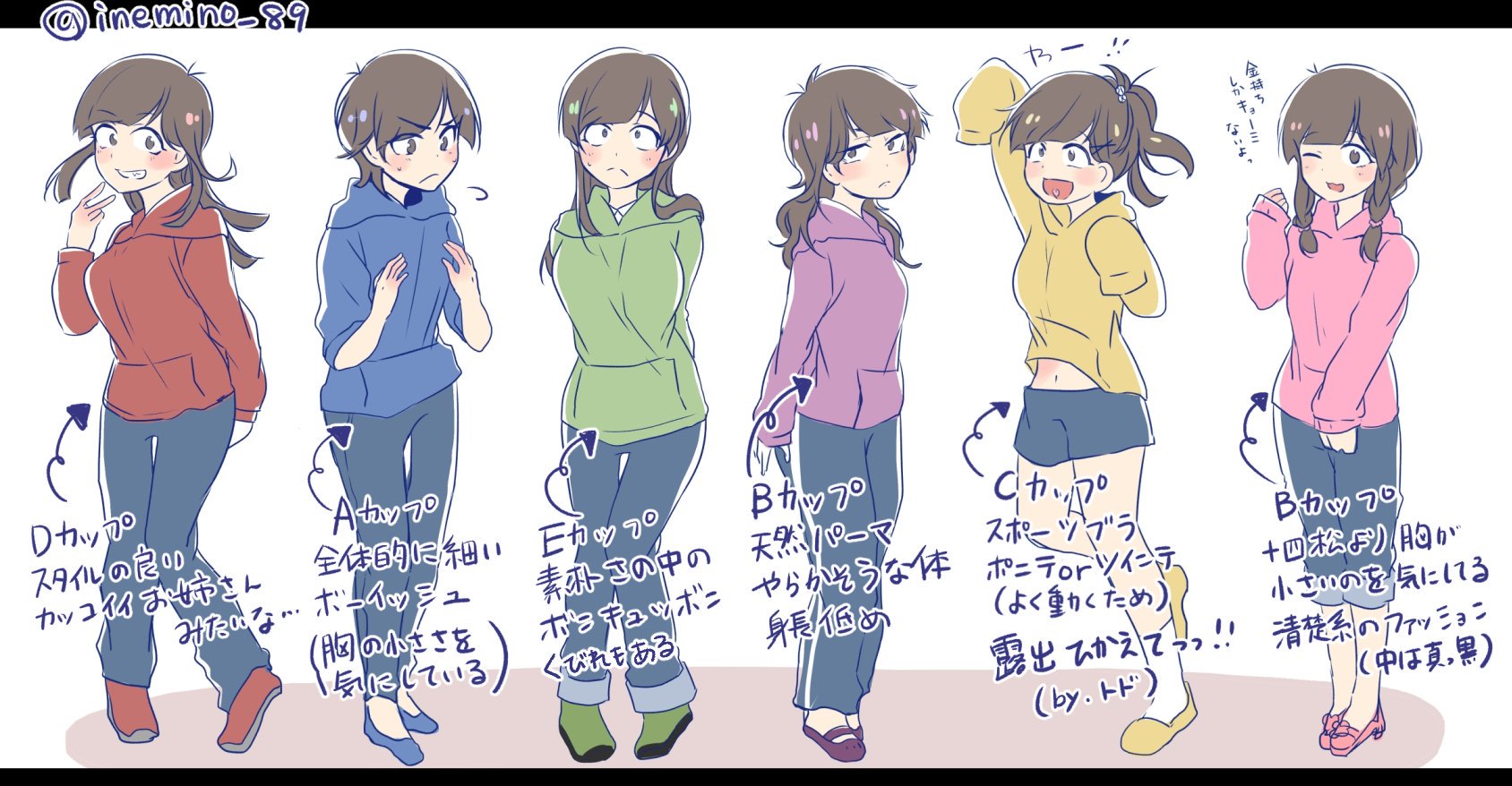 稲みのり No Twitter さっきの女体化おそ松さんのイラストに個人的な設定とか付けてみた T Co Slizidt4fj Twitter