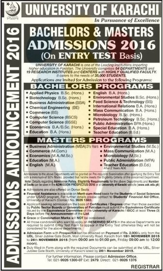 UOKAPMSO's tweet photo. University of Karachi Announced Bachelors &amp; Masters Admissions - 2016
(Entry Test Basis)
#InformationCell #KUrians https://t.co/cyqQurLUbE
