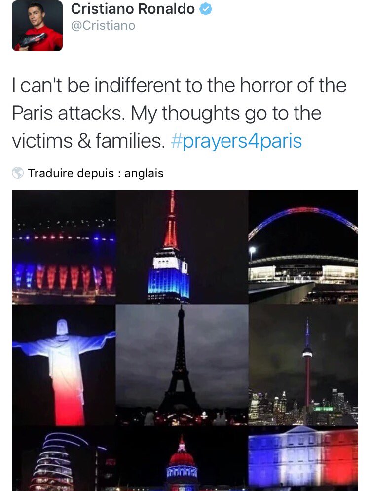 ActuFoot_'s tweet photo. CR7: "Je ne peux pas être indifférent à l'horreur des attentats de Paris. Mes pensées vont aux victimes &amp; familles" https://t.co/usXOMH2MeS