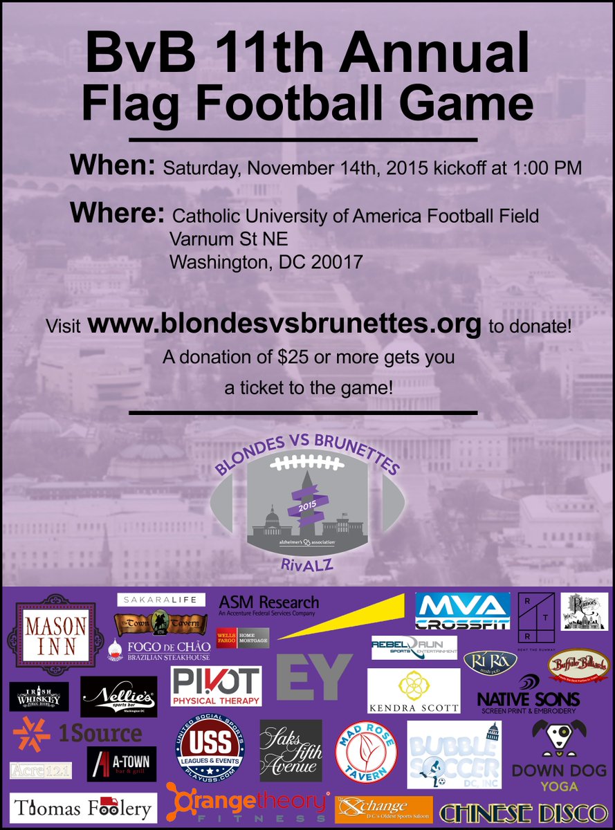 BvB_DC's tweet photo. IT'S GAME DAY! Thank you to all our amazing sponsors! Game deets are below-see you there. #BvBDC #DCtacklesALZ https://t.co/UwSnlmlpdE