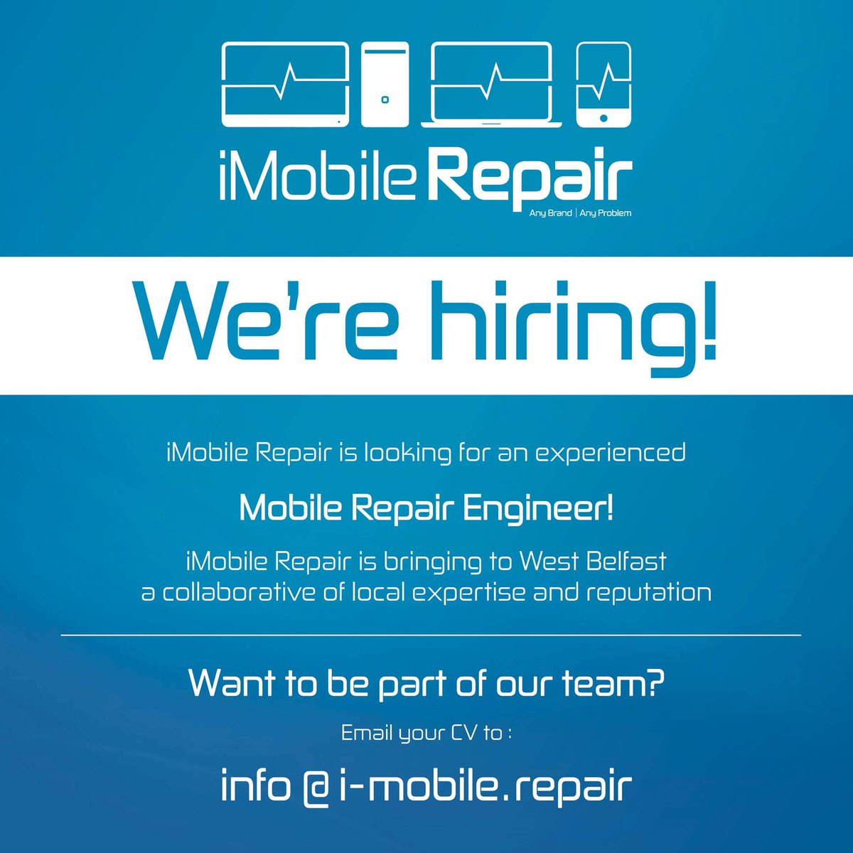 Join a dynamic new team bringing a new #repair centre to Belfast! Email your #CV to info@I-Mobile.repair